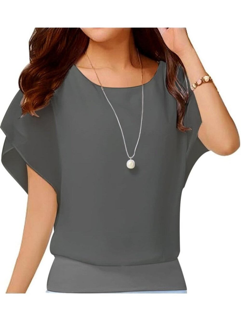Women's Dark Grey Elegant Loose Casual Short Sleeve Chiffon Top T Shirt Blouses